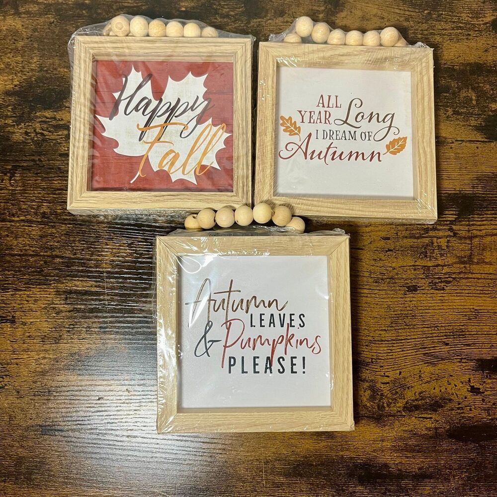 3 Wood Frames w/ Bead Hanger Autumn Harvest Fall Decor 6”x6” NIP